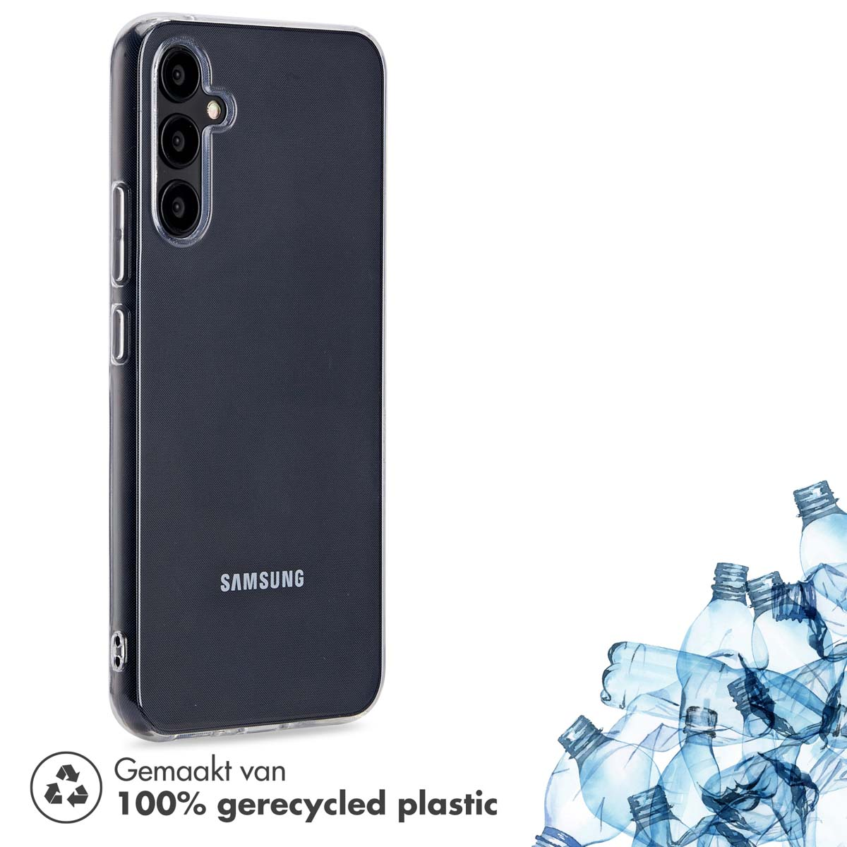 Un telefono in una custodia realizzata in plastica riciclata, con bottiglie di plastica sullo sfondo.