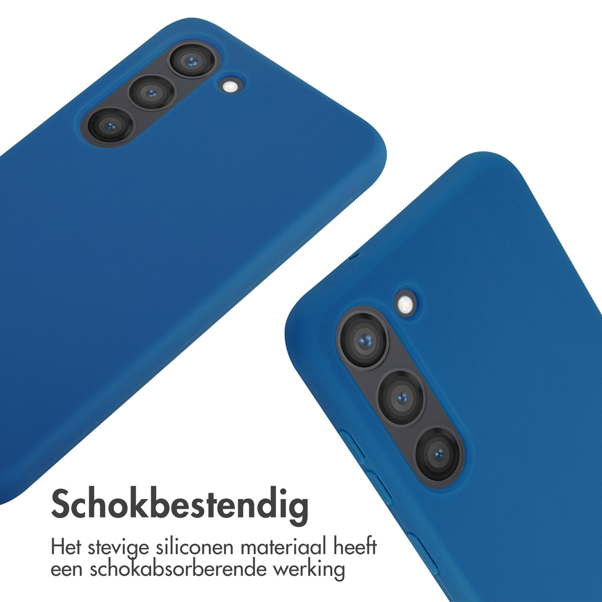 Twee blauwe telefoonhoesjes met cameralenzen worden op een witte achtergrond getoond.