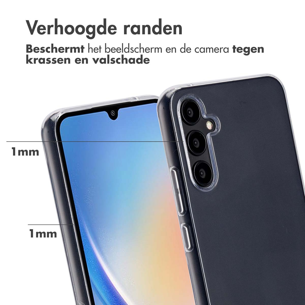 Coque de téléphone transparente protégeant l'écran et la caméra, avec des bords surélevés de 1 mm.