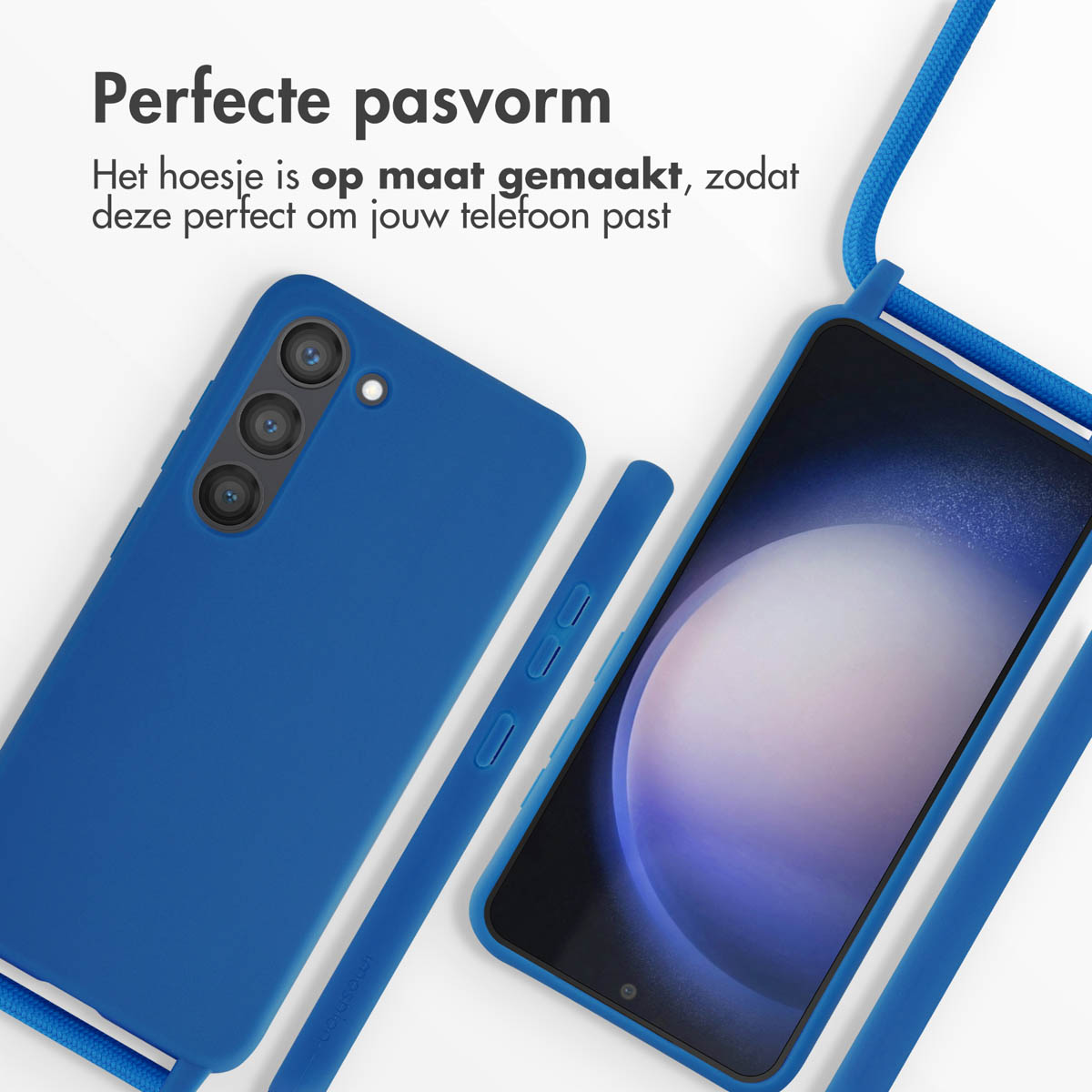 Blauwe telefoonhoes met telefoon en koord. Perfecte pasvorm.