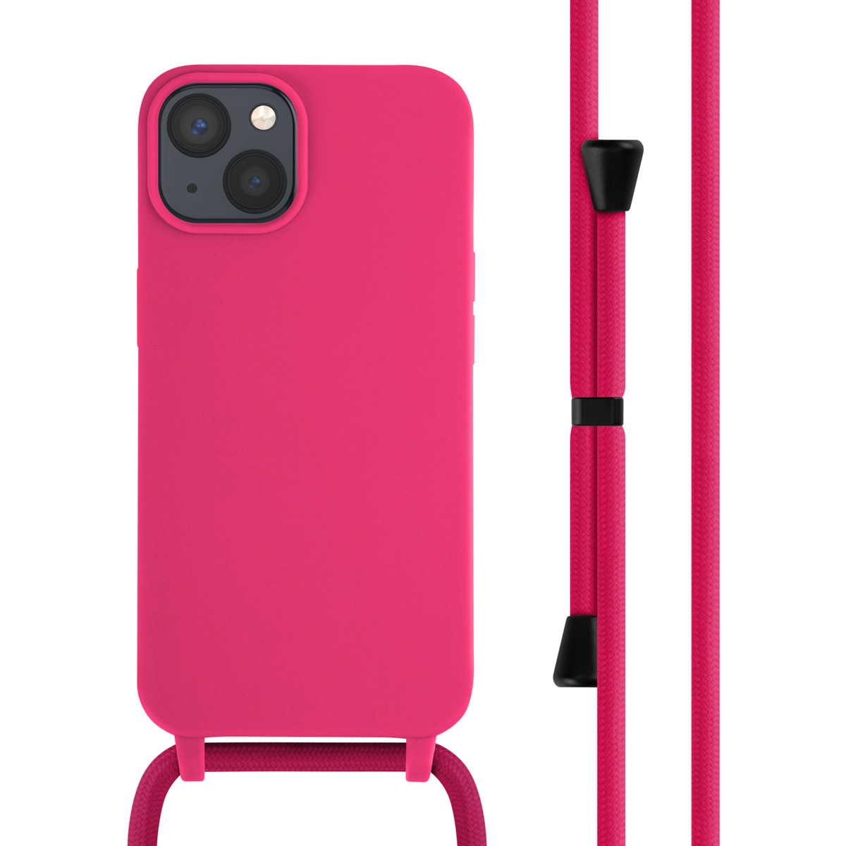 Eine rosa Handyhülle mit einem Schlüsselband. Das Schlüsselband ist rosa und schwarz.