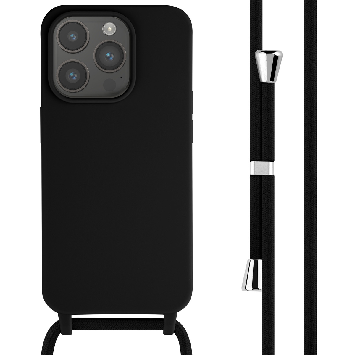 Zwarte telefoonhoes met een zwart koord. Het koord heeft zilveren details.