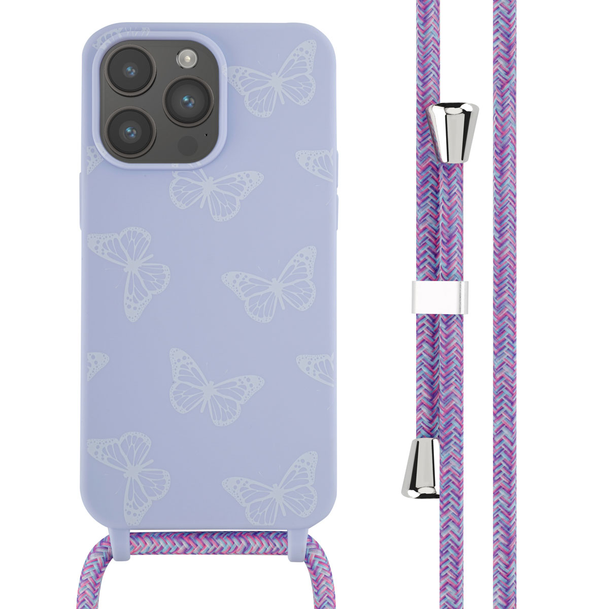 Paarse telefoonhoes met vlinderpatroon en een roze/paarse koord met zilveren accenten, op wit.