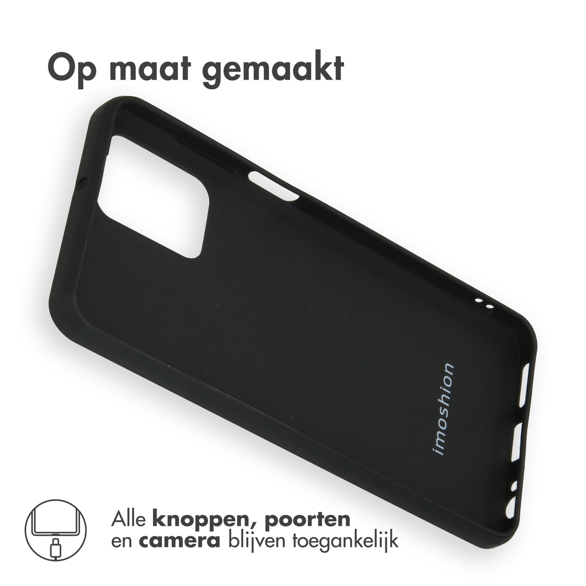 Een zwarte telefoonhoes met uitsparingen voor camera en poorten.