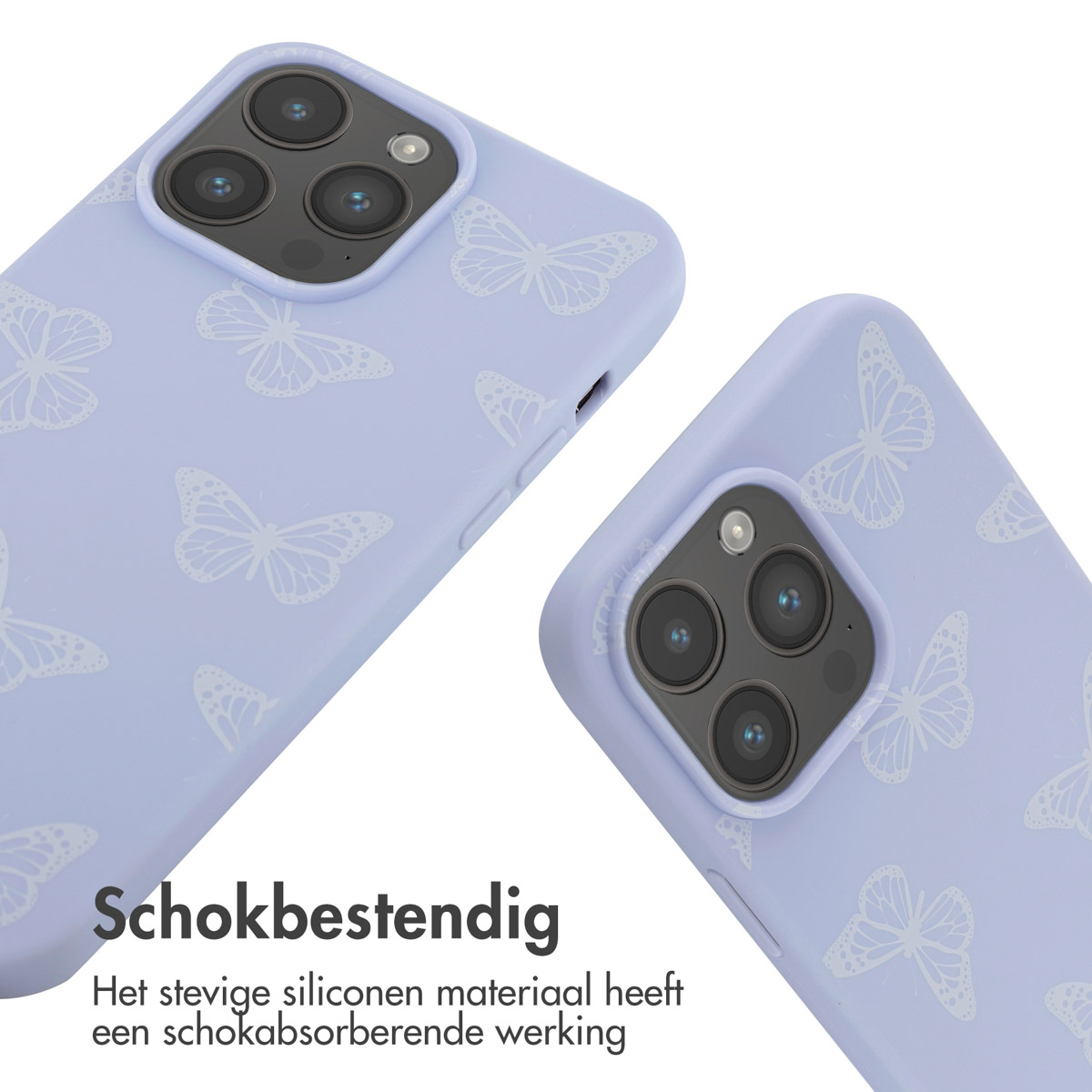 Twee paarse telefoonhoesjes met vlinderpatroon op witte achtergrond.