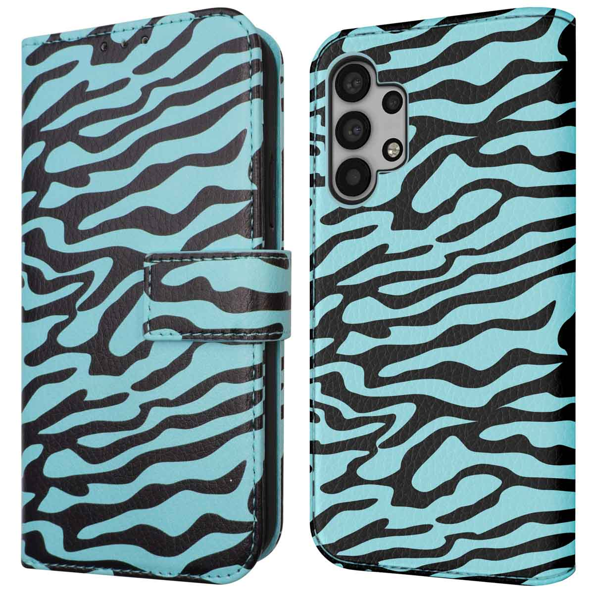 Blauw en zwart zebrapatroon telefoonhoesje, open en dicht, met sluiting.