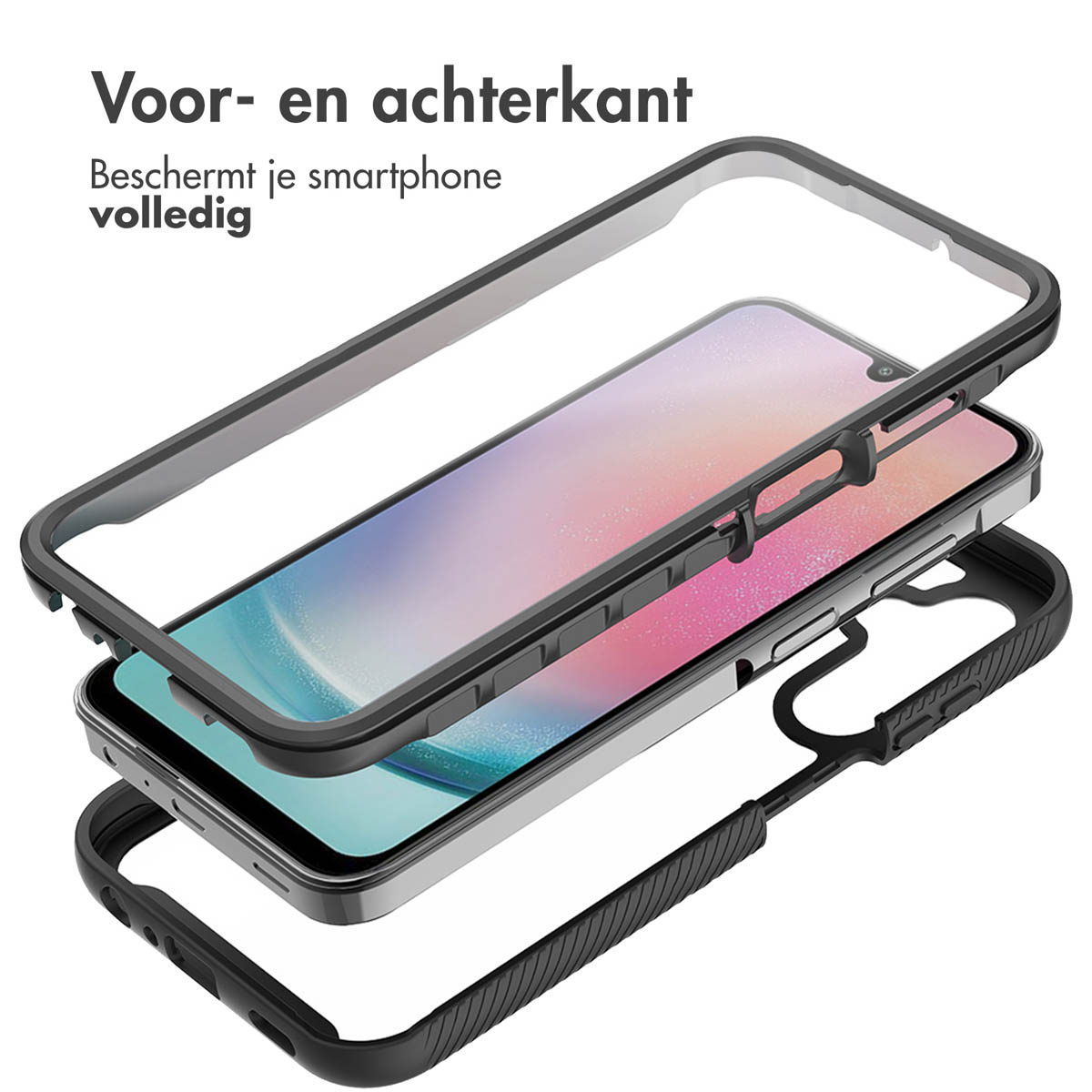 Composants de coque de téléphone transparente. Un téléphone est entre trois couches, montrant l'avant et l'arrière.