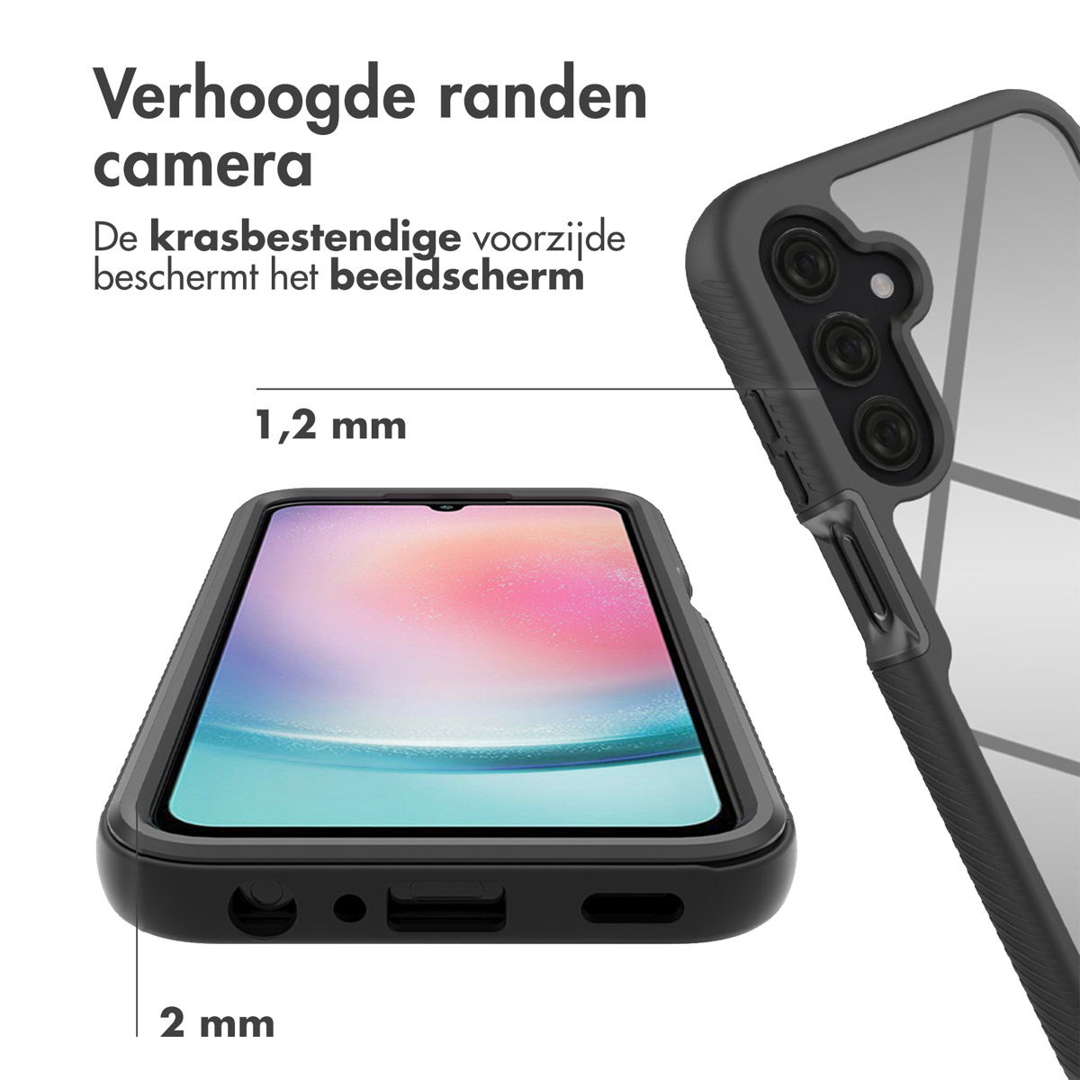 Coque noire pour téléphone avec bords surélevés pour appareil photo et écran.