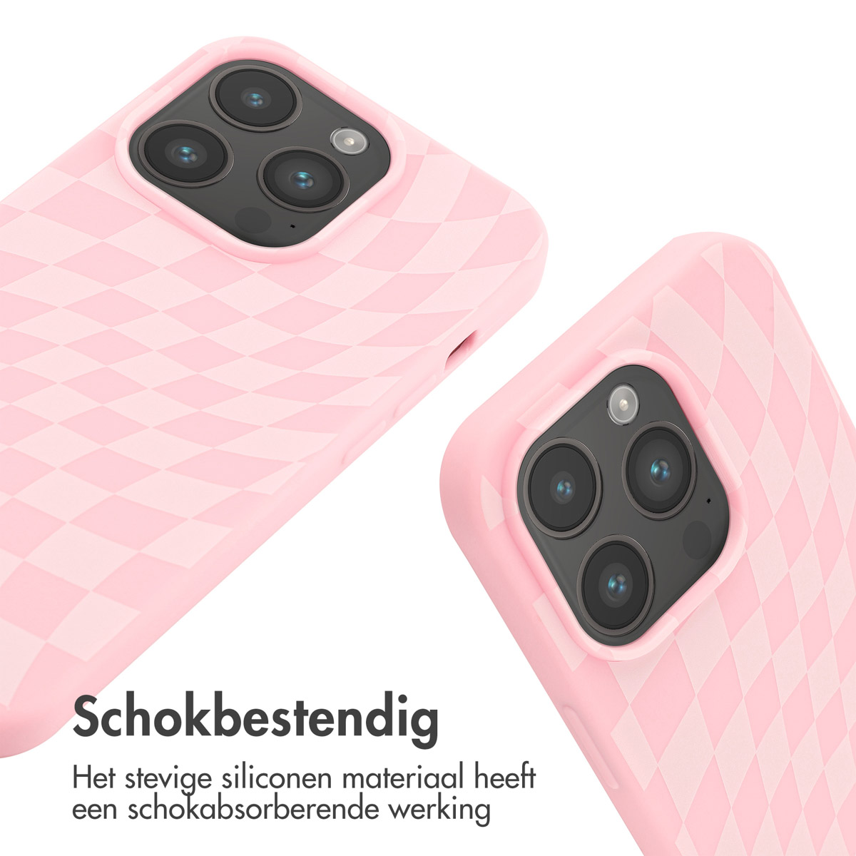 Twee roze iPhone hoesjes met ruitpatroon en camera-uitsparing.