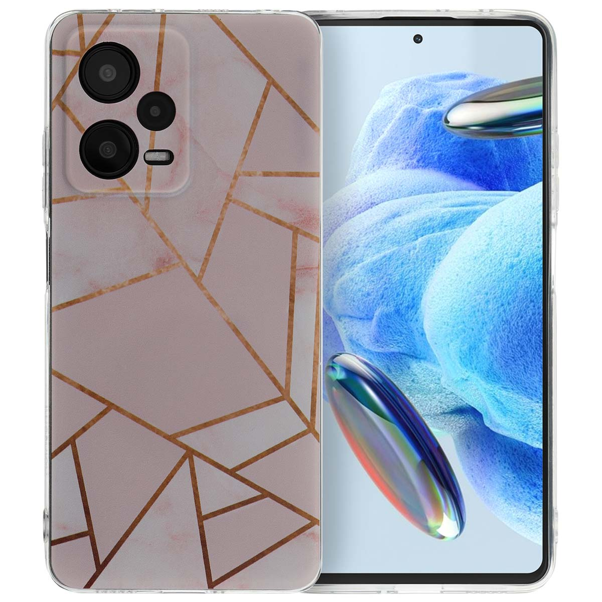 Een roze en gouden geometrische telefoonhoes zit op een telefoon. De telefoon ligt op een tafel.