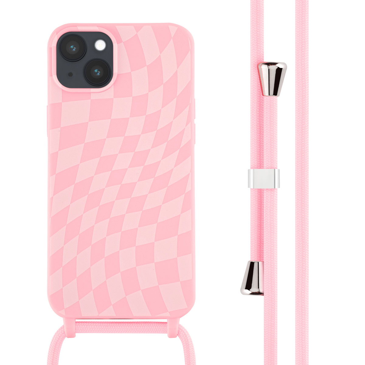 Roze telefoonhoesje met een dambordpatroon en een roze koord met zilveren accenten, op wit.