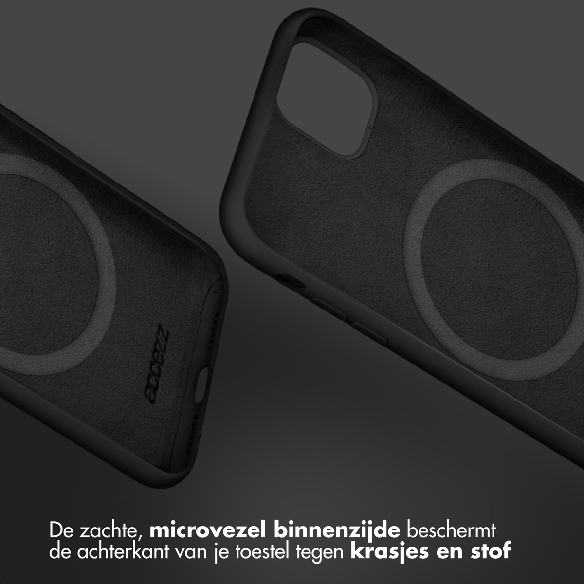 Zwei schwarze Handyhüllen mit grauem Innenraum, mit Text.