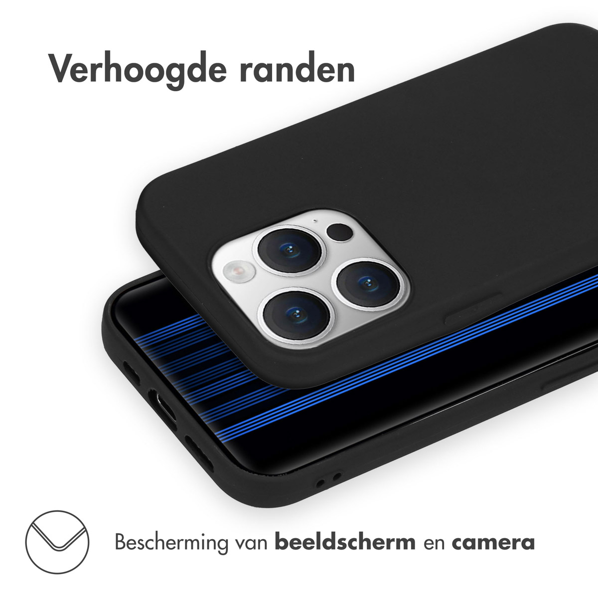 Zwarte telefoonhoes met verhoogde randen beschermt scherm en camera.