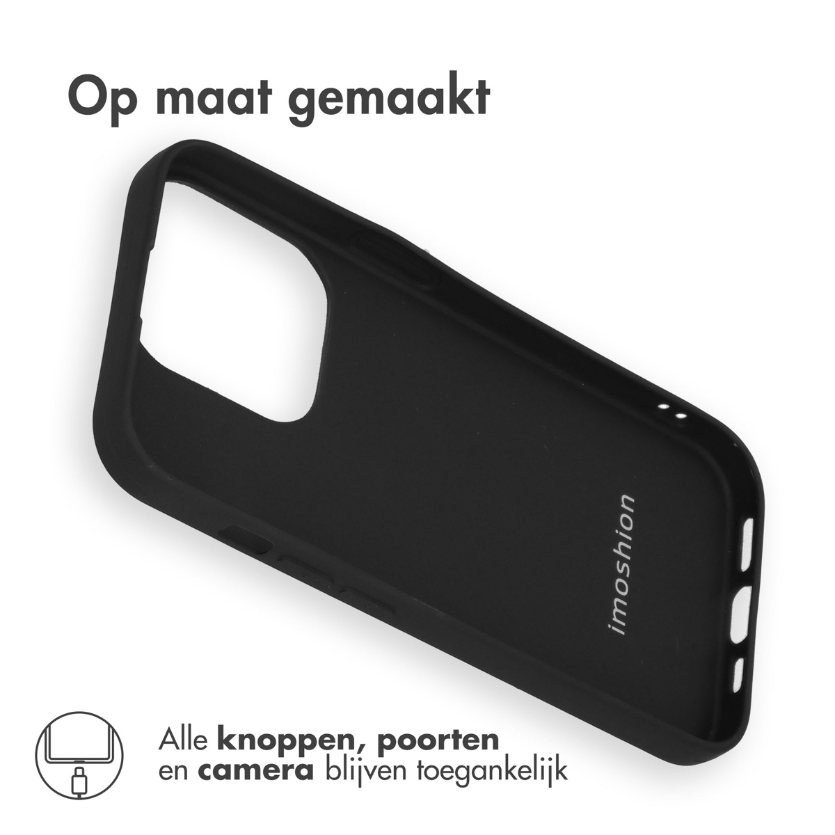 Zwarte telefoonhoes schuin, met het imoshion-logo zichtbaar. Knoppen en poorten zijn toegankelijk.