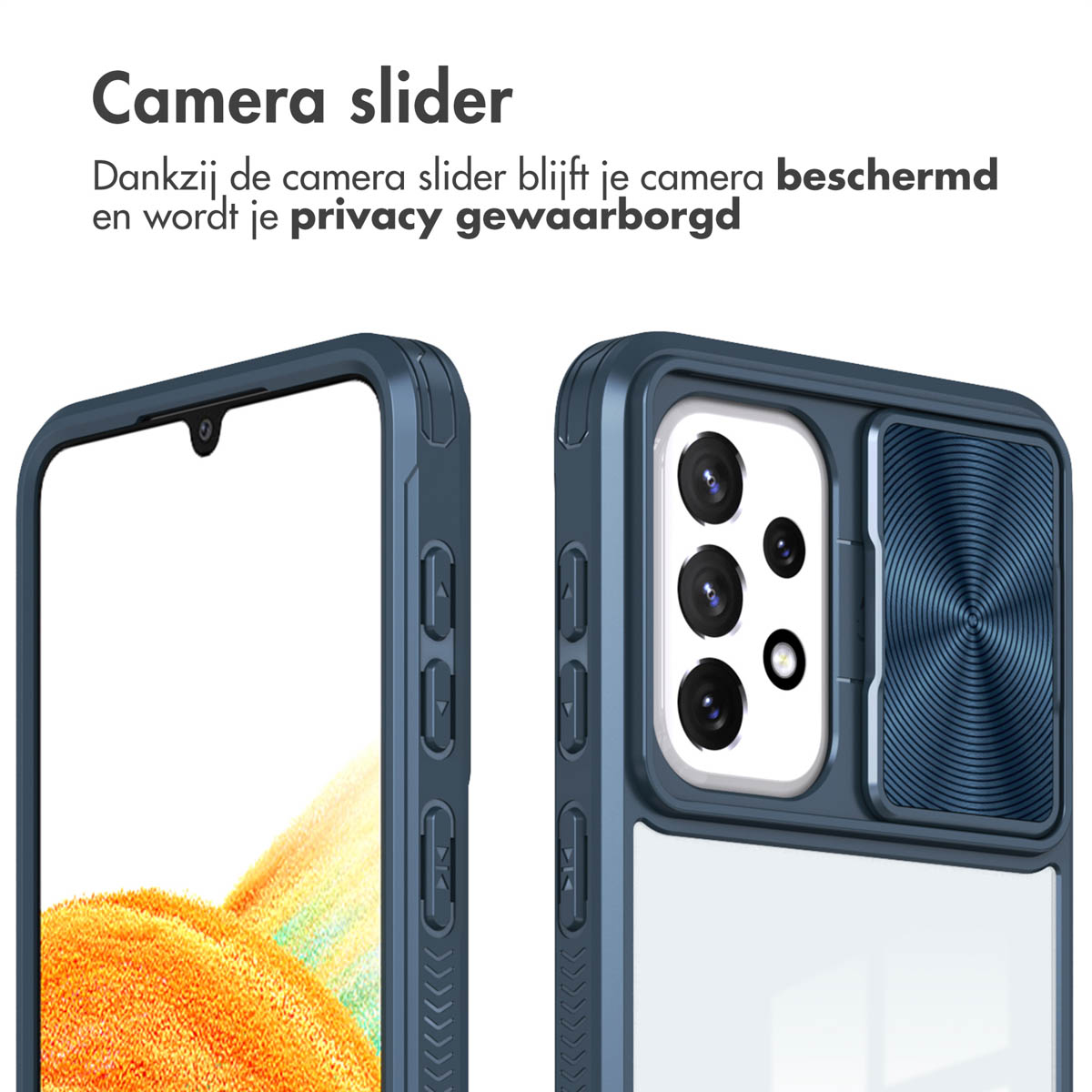 Een blauwe telefoonhoes met een cameraschuif. De hoes zit op een telefoon.