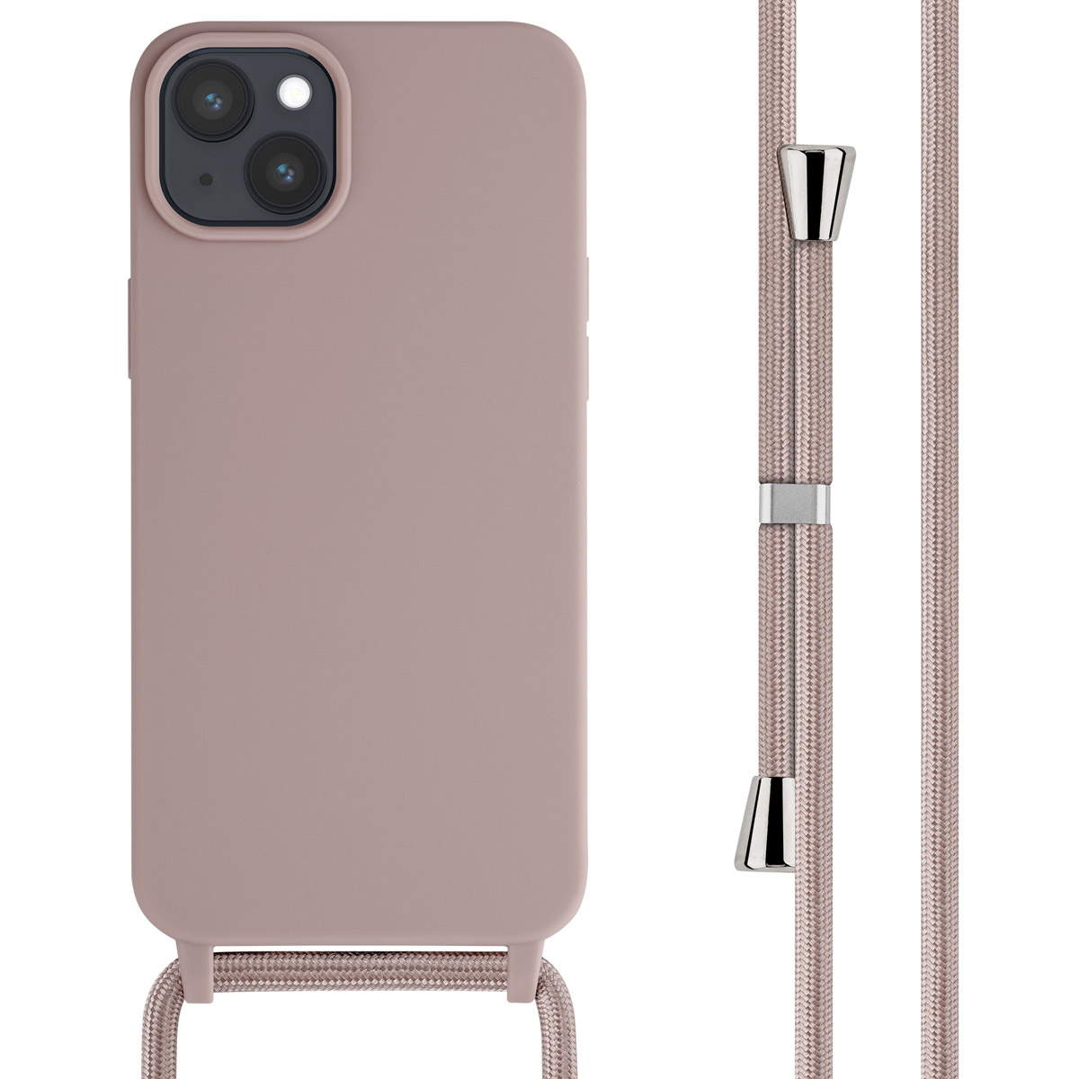 Coque de téléphone avec cordon. Coque rose, cordon rose avec des accents argentés.