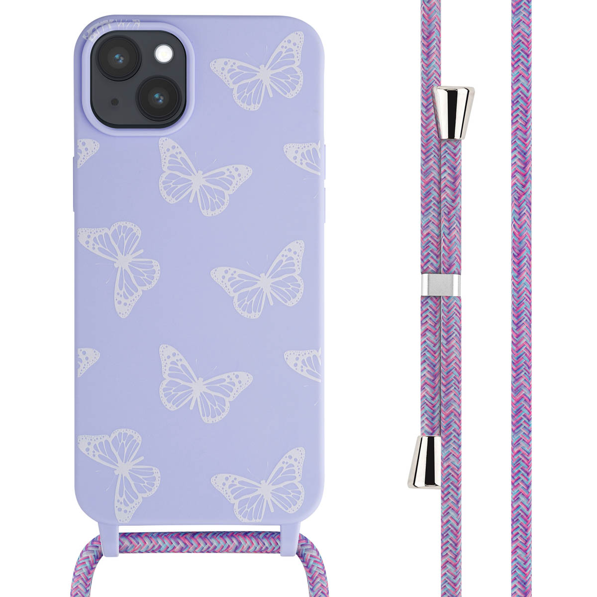 Coque lavande avec motif papillon et cordon lavande-rose.