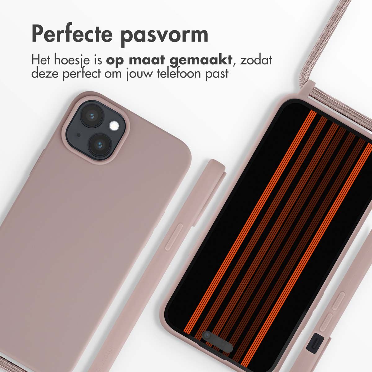 Una custodia per telefono color malva e un telefono con strisce arancioni.