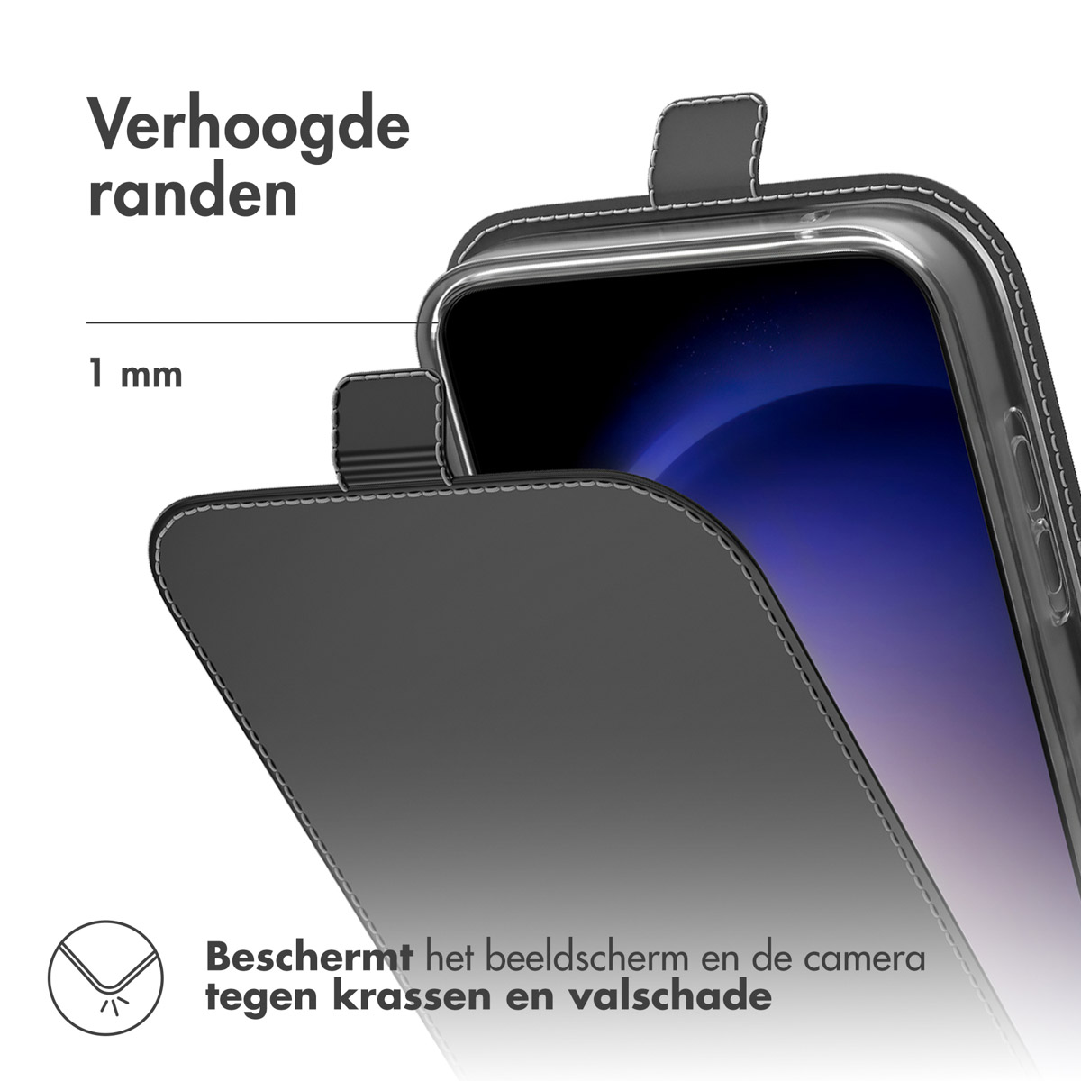 Zwarte telefoonhoes met verhoogde randen die scherm en camera beschermen.