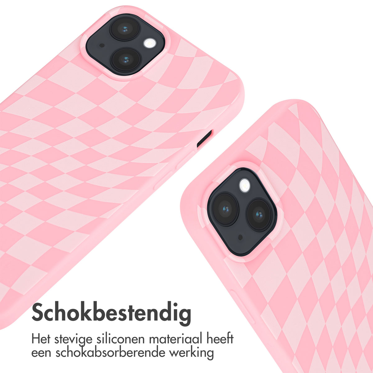 Deux coques roses pour iPhone à motif à carreaux, fond blanc.