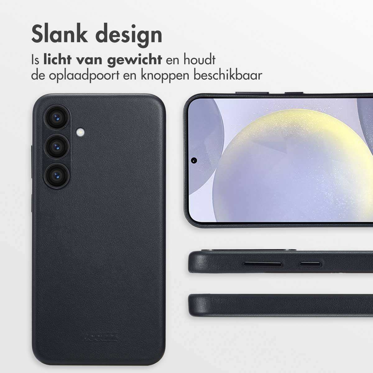 Zwarte telefoonhoes. Zijaanzicht. De oplaadpoort van de telefoon is zichtbaar.