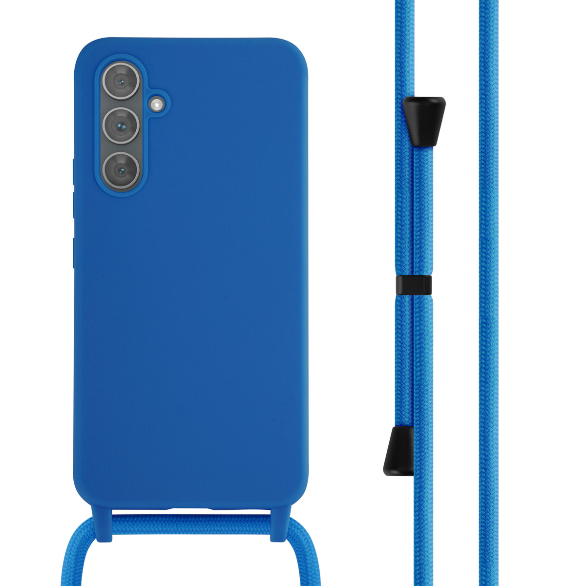 Blauw telefoonhoesje met een bijpassende blauwe band. De case heeft een camera uitsparing.