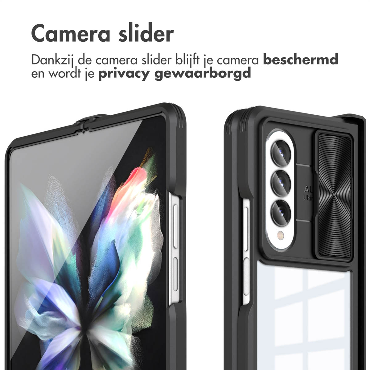 Custodia nera per telefono con copri-fotocamera scorrevole e schermo pieghevole.