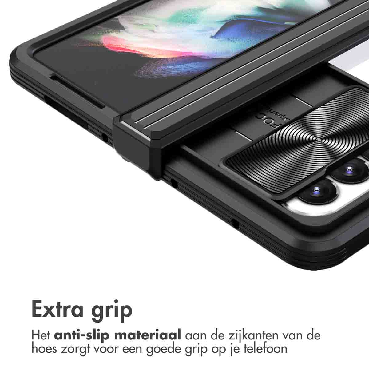 Custodia nera per telefono con lenti della fotocamera e motivi circolari concentrici.