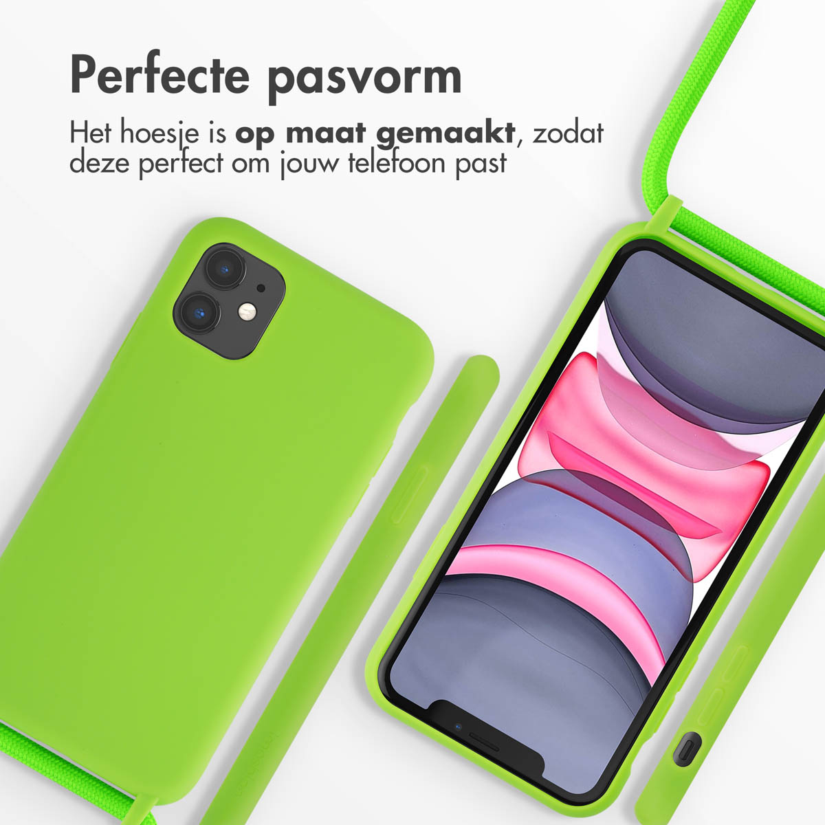Een felgroene telefoonhoes en een telefoon op witte achtergrond.