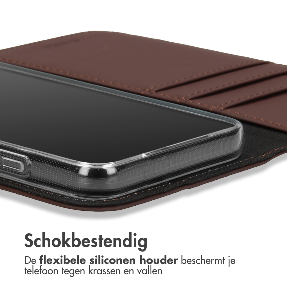 Phone in a brown leather case. Text: Shockproof. The flexible silicone holder protects your phone against scratches and drops.