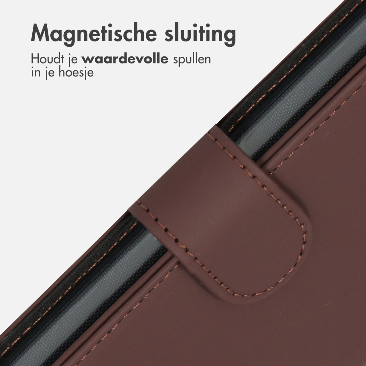 Close-up of a brown phone case with magnetic closure. Shows stitching.