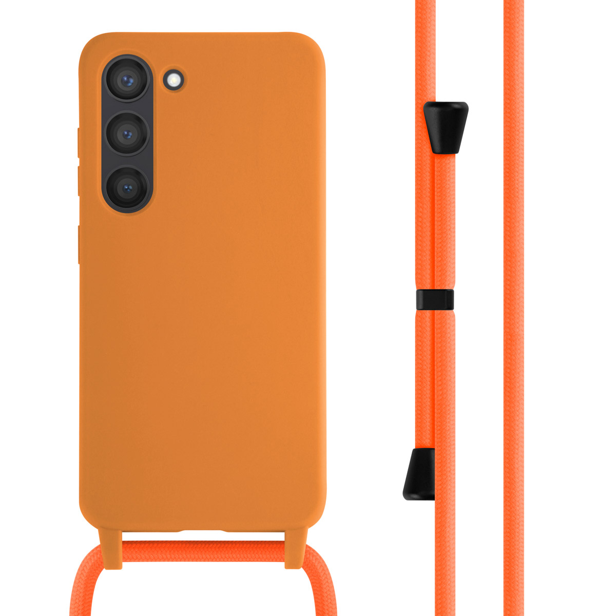 Oranje telefoonhoes met bijpassende oranje band en bevestigingen. De telefoon is zichtbaar.