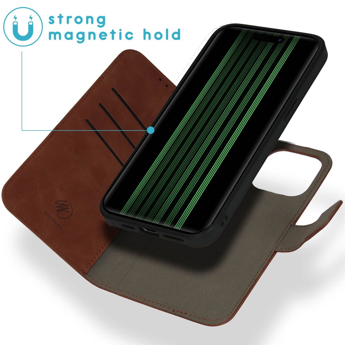 Étui de téléphone en cuir marron avec un téléphone à l'intérieur, montrant une tenue magnétique.