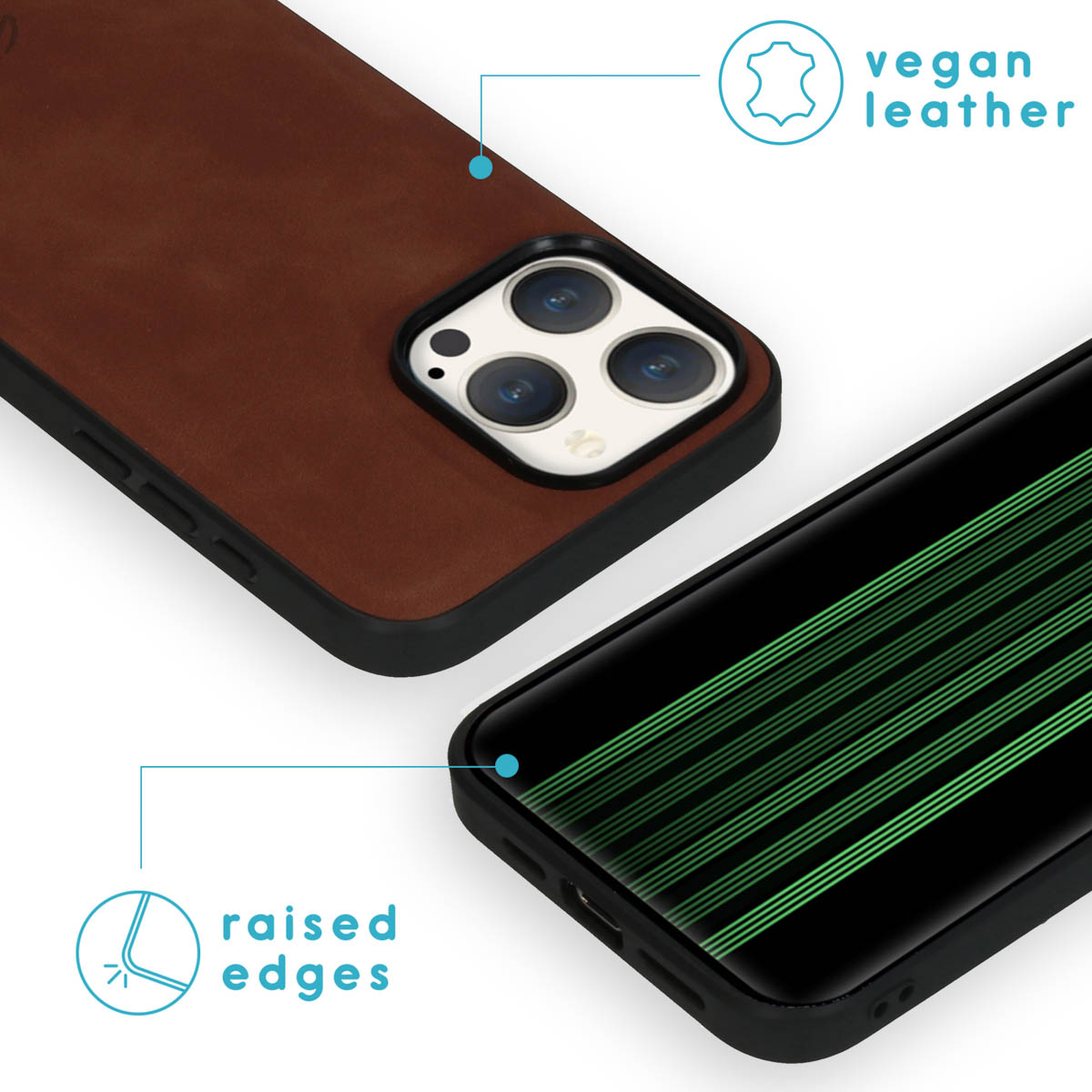 Coque de téléphone marron en cuir végétalien avec bords surélevés, montrant caméra et écran.