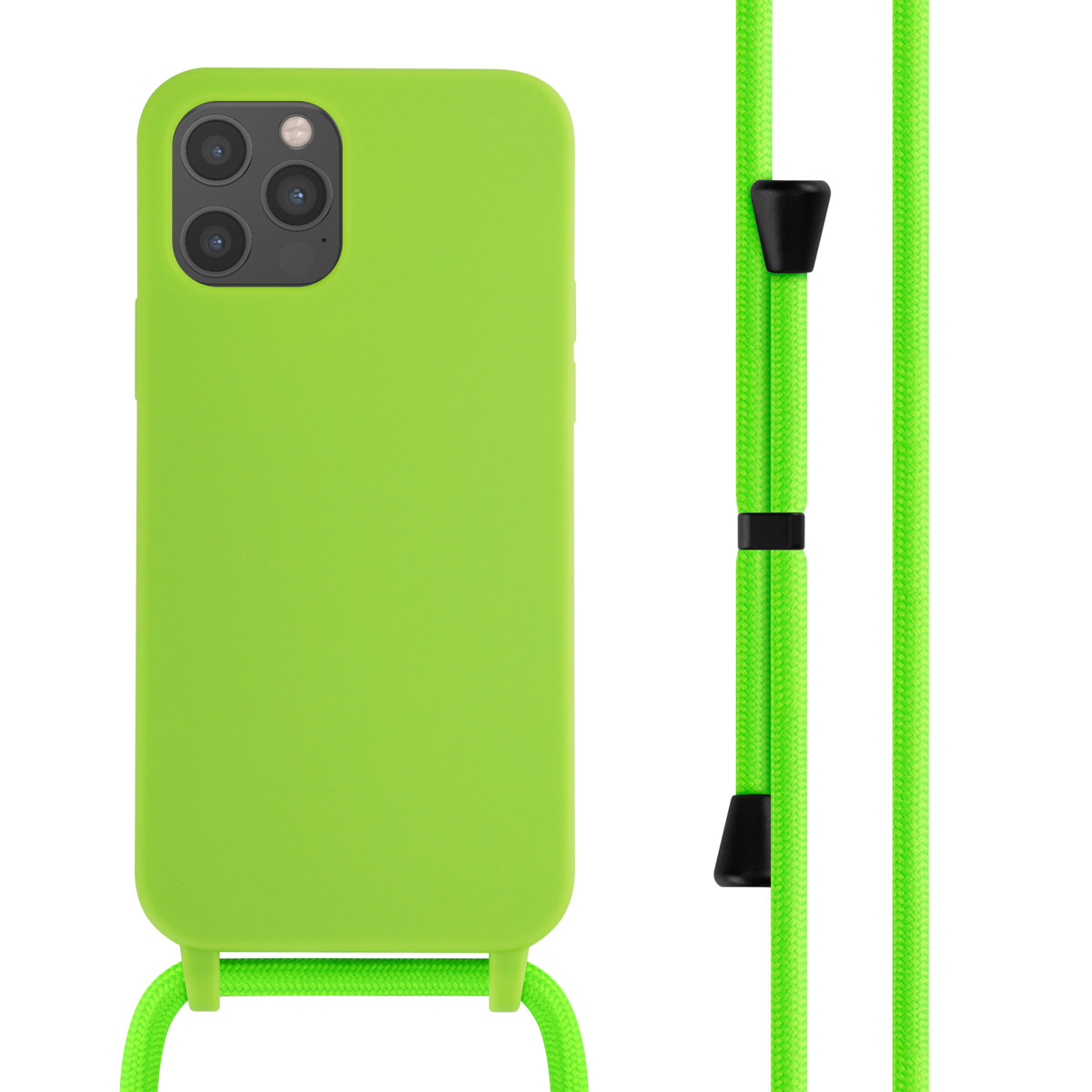 Une coque de téléphone verte attachée à une lanière verte, sur fond blanc.