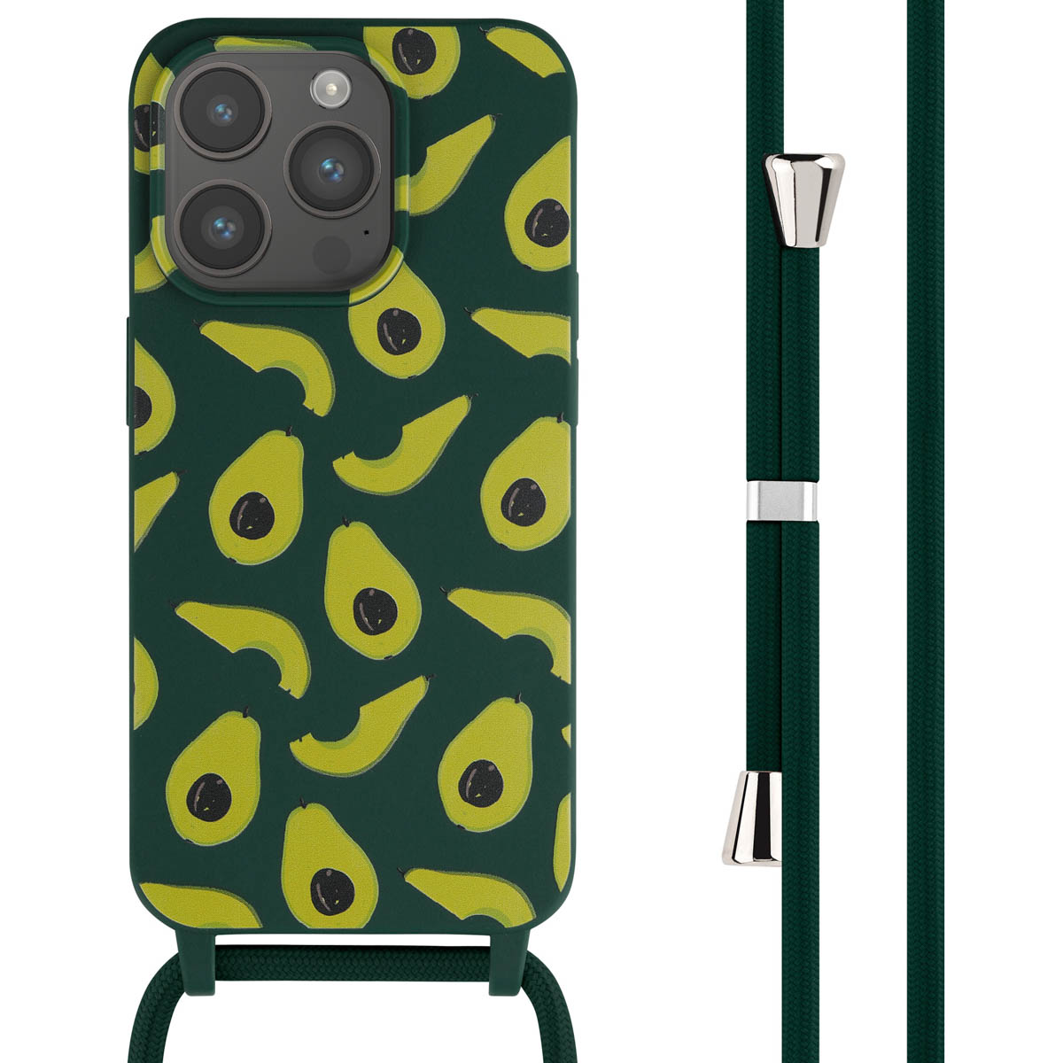 Groene telefoonhoes met avocado patroon. Groen koord met zilveren details.