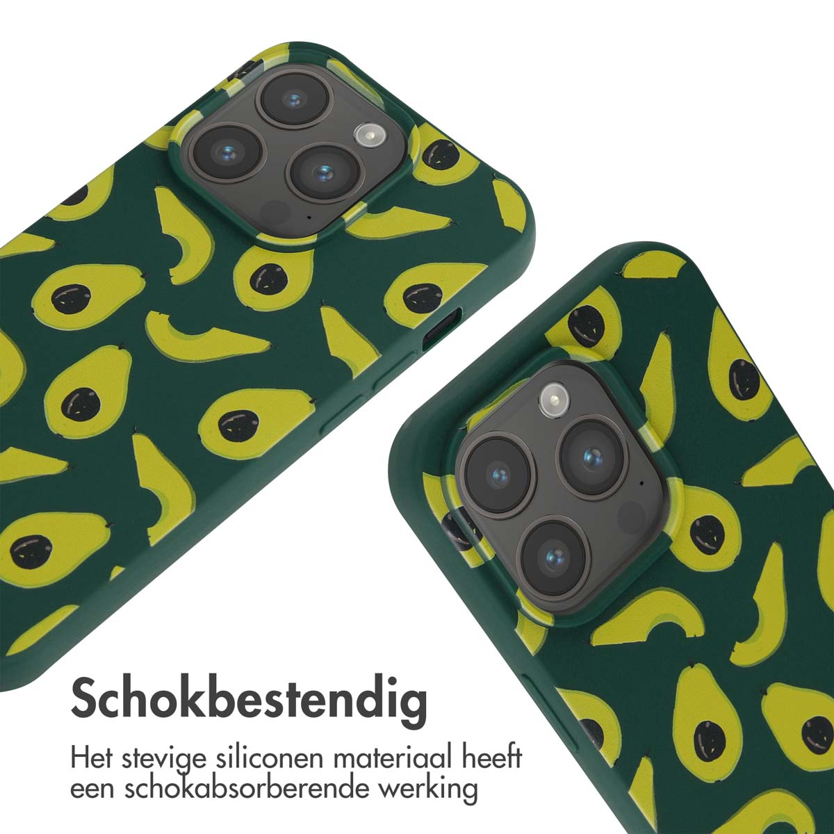 Twee donkergroene telefoonhoesjes met avocadoprint en cameramodule.