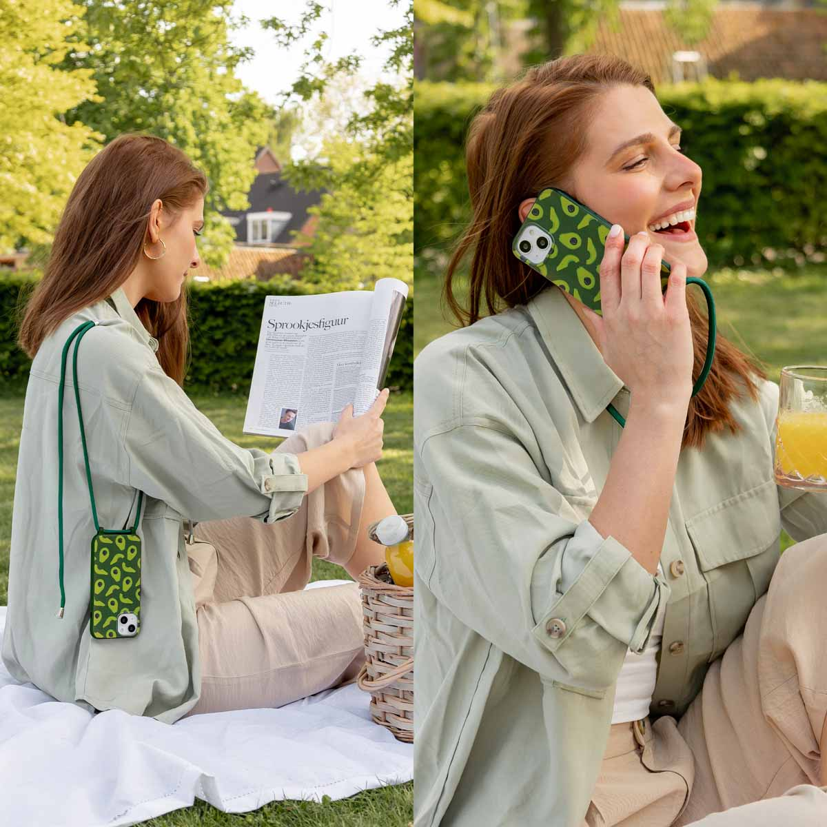 Frau beim Picknick liest und telefoniert mit Avocado-Hülle.