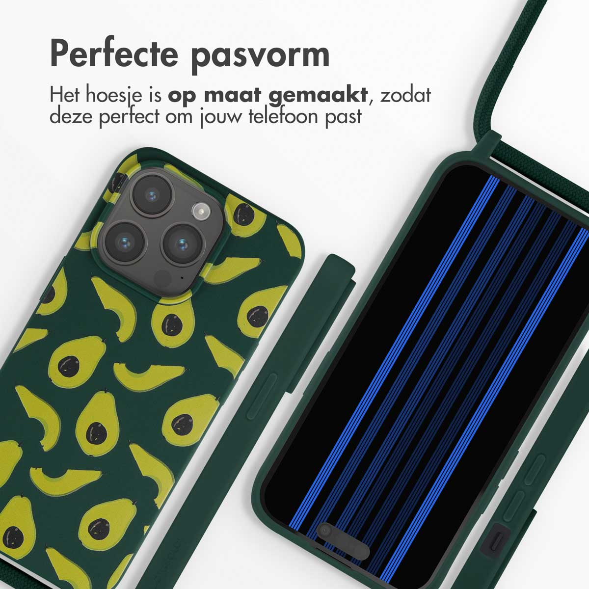 Donkergroene telefoonhoes met avocadopatroon naast een smartphone.