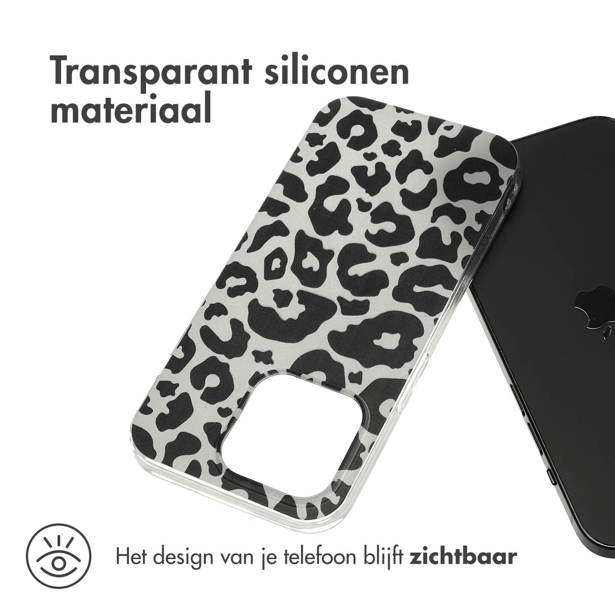 Transparant telefoonhoesje met luipaardprint. Telefoon is zichtbaar door de case.
