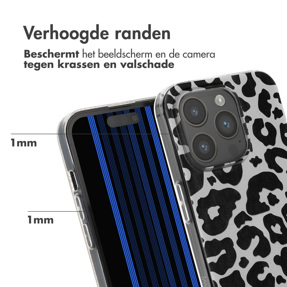 Telefoonhoesje met luipaardprint. Detail van de hoes toont het scherm en 1 mm verhoogde randen.