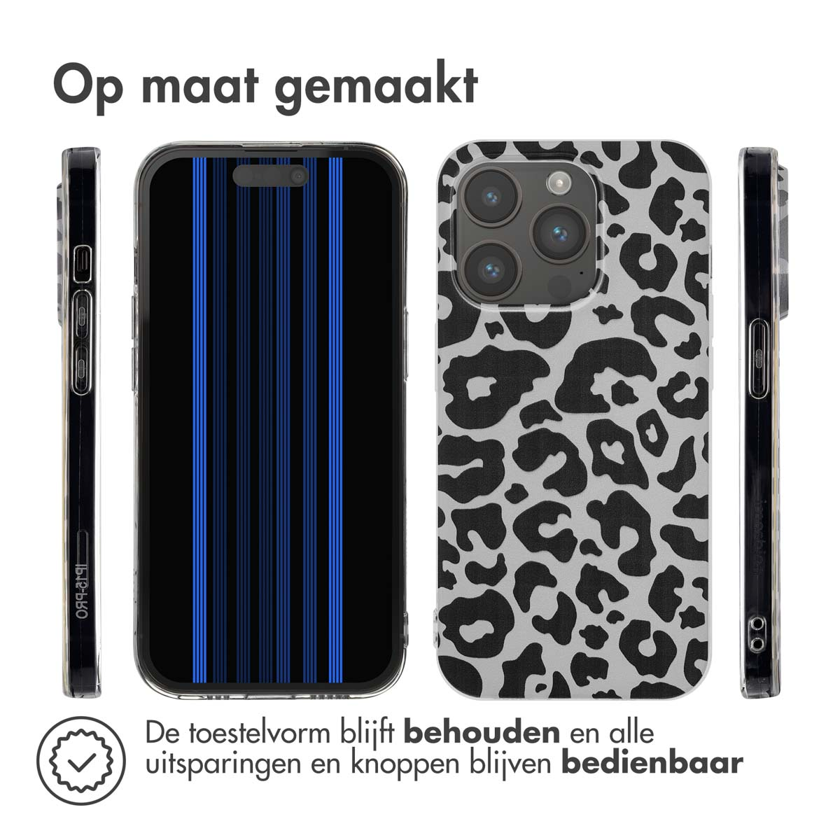 Telefoonhoesjes in verschillende aanzichten. Eén met blauwe strepen, één met luipaardprint.