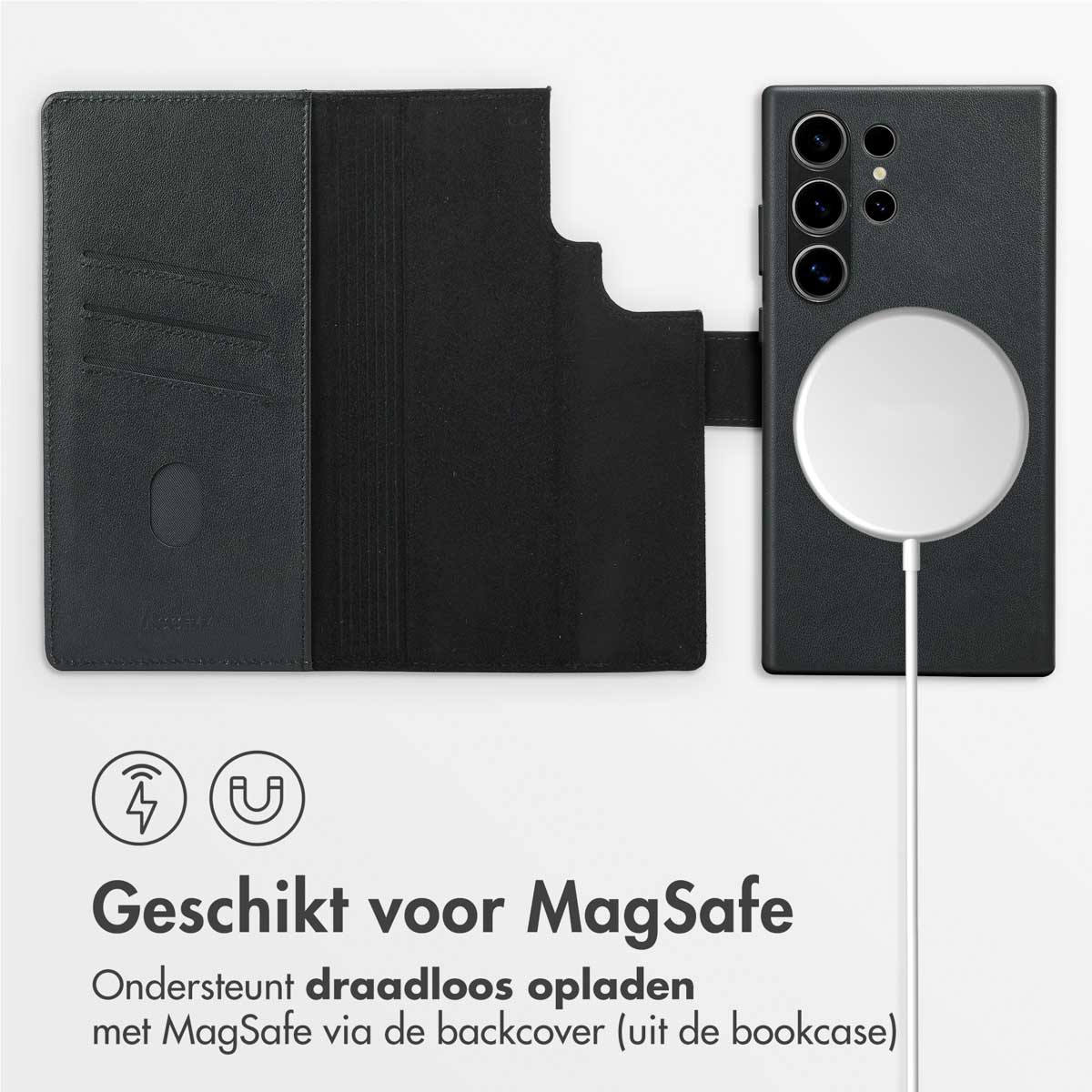 Coque de téléphone noire avec chargeur MagSafe et fentes pour cartes.