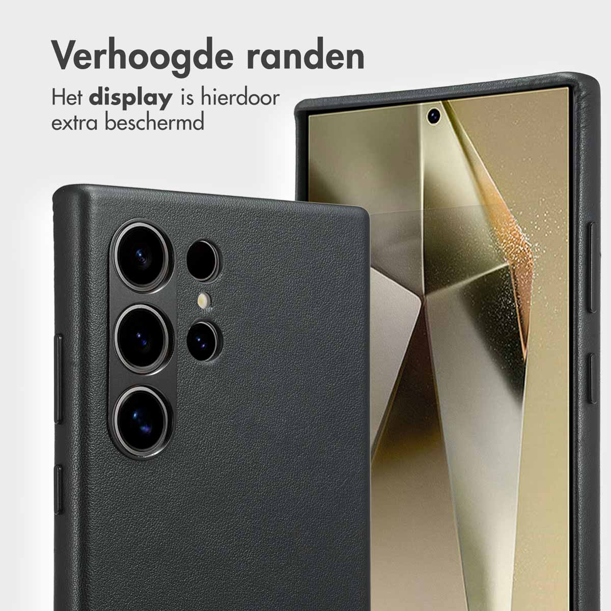 Coque de téléphone noire à bords surélevés protège l'écran. Gros plan.