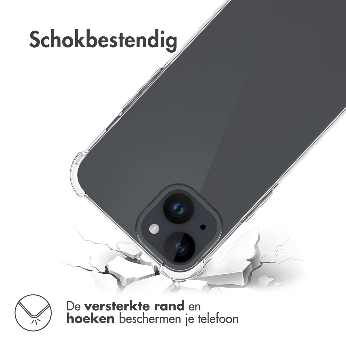 Clear phone case with a crack. Text says shockproof.