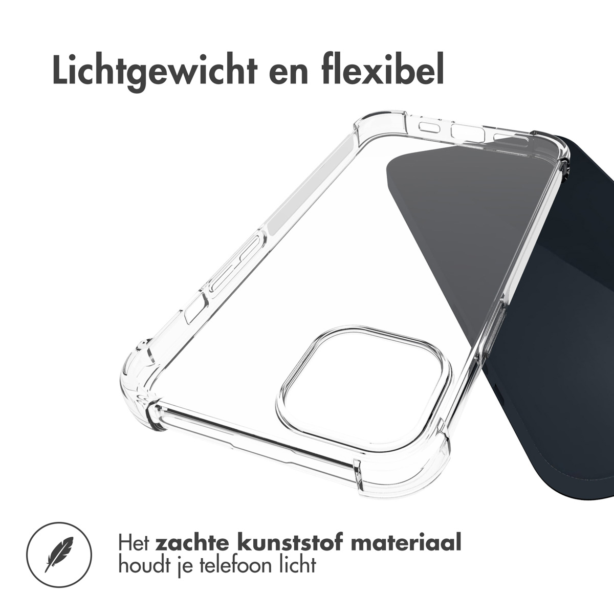 Clear phone case. A clear phone case is placed on a black phone. The case is light and flexible.
