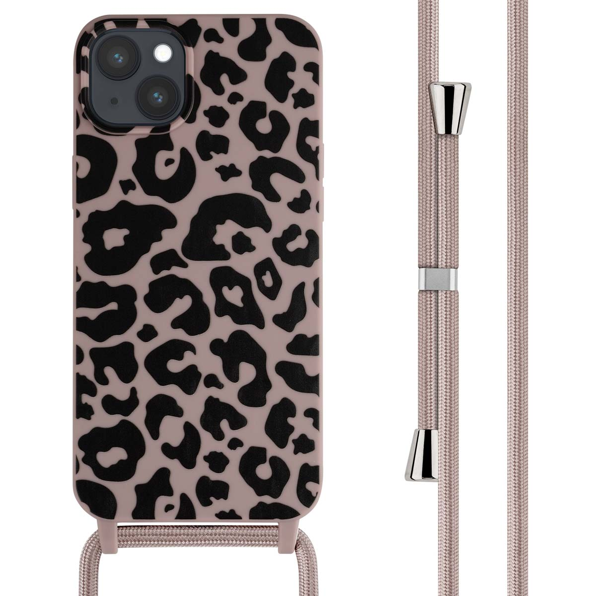 Coque de téléphone avec imprimé léopard et cordon. Coque rose, cordon rose.