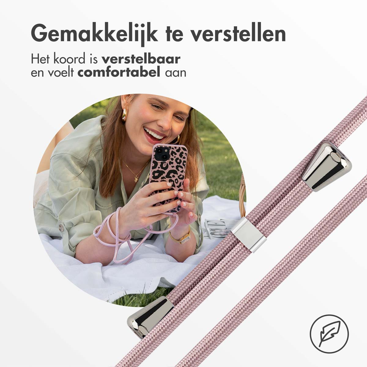 Eine Frau benutzt ein Telefon, das mit einem rosa Kabel verbunden ist. Der Text ist niederländisch.