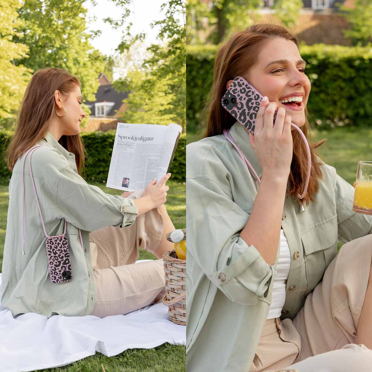 Zwei Frauen mit Telefon in einer Hülle, eine liest, eine telefoniert. Picknick-Szene.