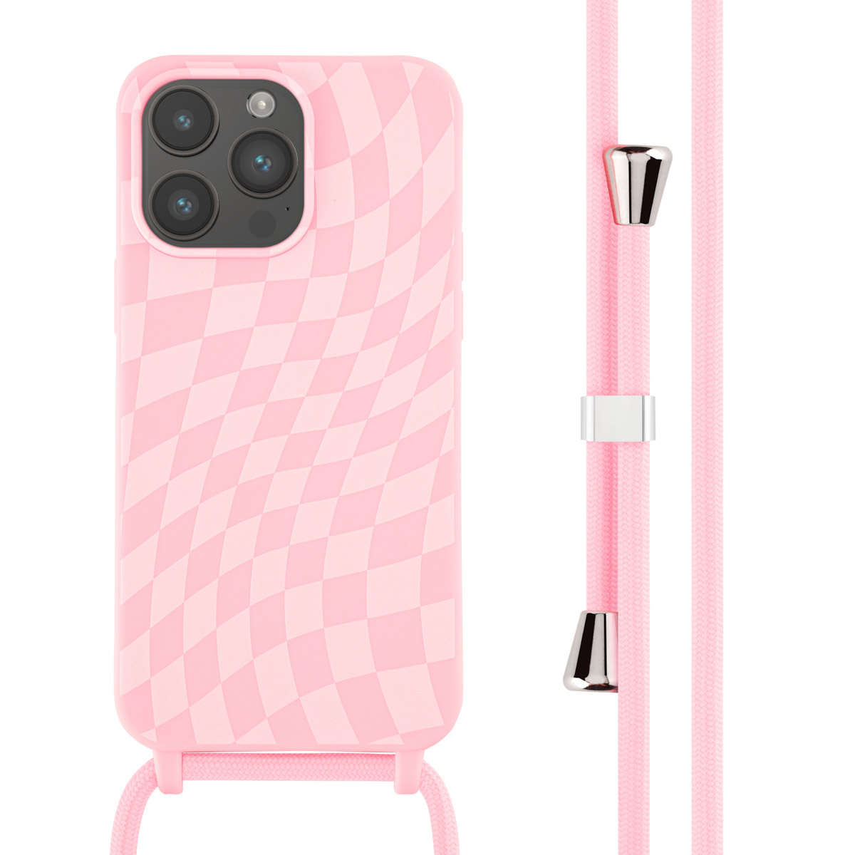 Coque de téléphone rose à carreaux avec cordon rose. Ajusteurs argentés. Fond blanc.